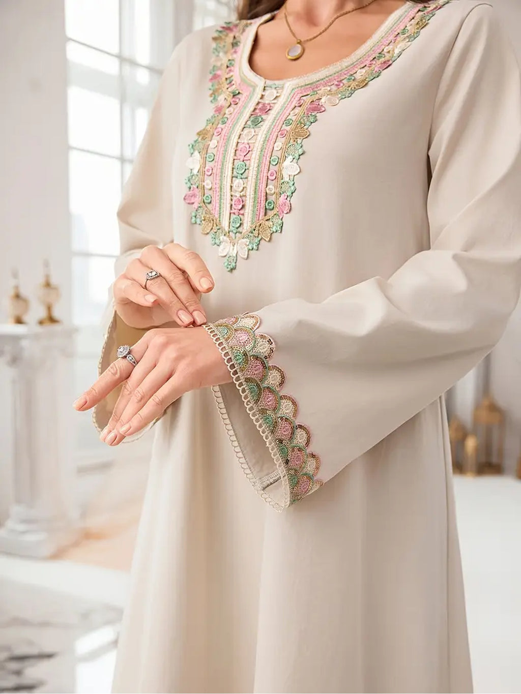 Casual Long-Sleeve Dress with Lace Collar And Cuffs in Solid Color, Designed for Women in The Middle Eastern Style - Khaki