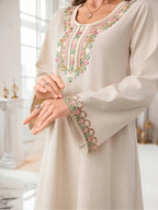 Casual Long-Sleeve Dress with Lace Collar And Cuffs in Solid Color, Designed for Women in The Middle Eastern Style - Khaki