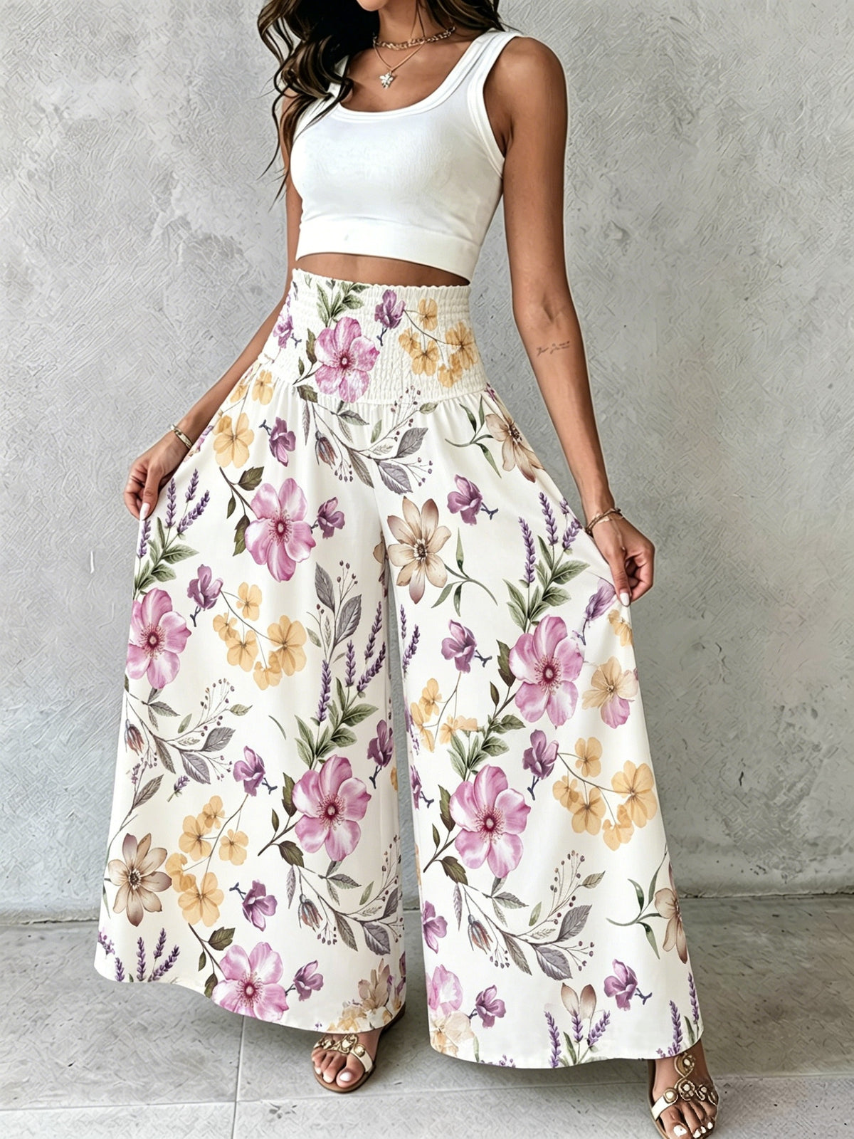 Women'S Floral Print Wide-Leg Pants High-Waist Ruched Waist Bohemian Style Long Trousers Flowy Vacation Pants - Multicolor 2
