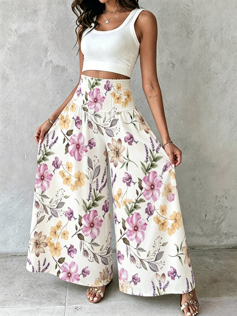 Women'S Floral Print Wide-Leg Pants High-Waist Ruched Waist Bohemian Style Long Trousers Flowy Vacation Pants - Multicolor 2
