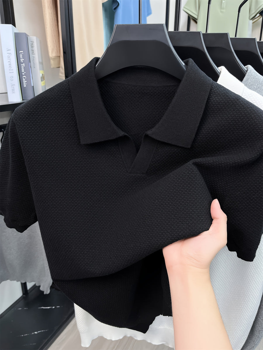 [Qiaoximei OBM] Summer Men'S Premium Casual Henley Shirt | Knit Style Men'S Top, Full Pineapple Jacquard Decoration, Summer Men'S Henley Collar Short Sleeve Base Layer, Lapel Men'S Top, Easy And Fresh for Single Wear - Black