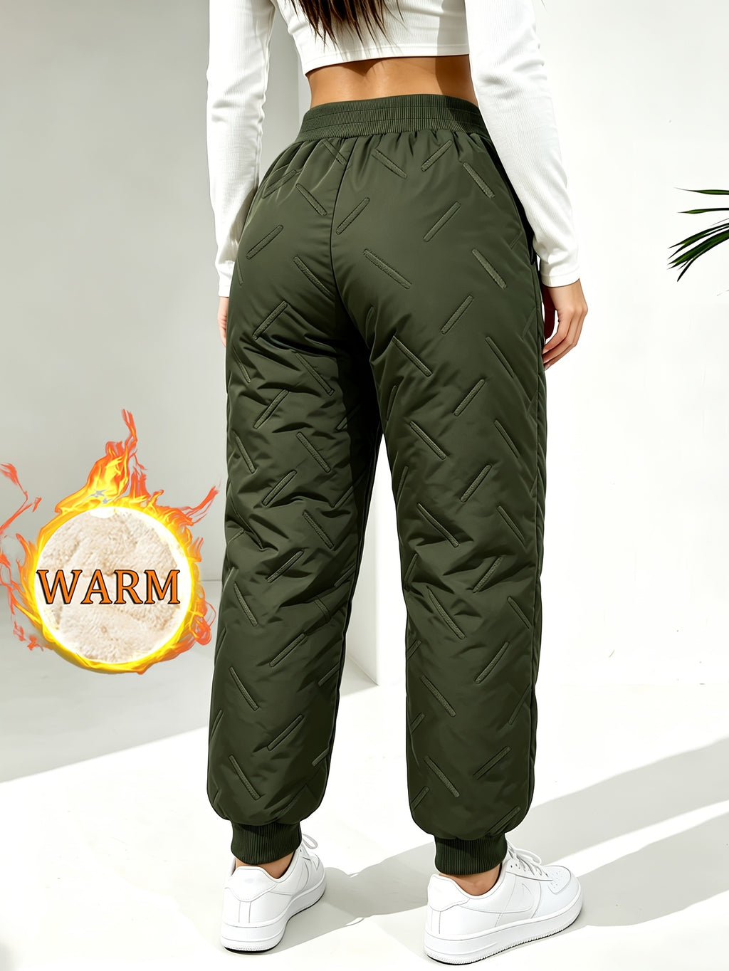 Hidkat Women's Winter Thermal Trousers - -Lined Thickened Pants with Soundwave Technology Embossed Fabric, Zipper Pockets & Adjustable Waist, Cuffed Tapered Trousers Suitable for Outdoor Casual Wear, Gift Exchange (Hand Washable) - Olive Green