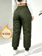Hidkat Women's Winter Thermal Trousers - -Lined Thickened Pants with Soundwave Technology Embossed Fabric, Zipper Pockets & Adjustable Waist, Cuffed Tapered Trousers Suitable for Outdoor Casual Wear, Gift Exchange (Hand Washable) - Olive Green