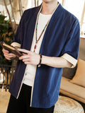 New Chinese Style Open Collar and Mid Sleeve Men's Shirt with Simple One Grain Buckle, Comfortable Linen Breathable Men's T-shirt, Casual Shirt - Royal Blue