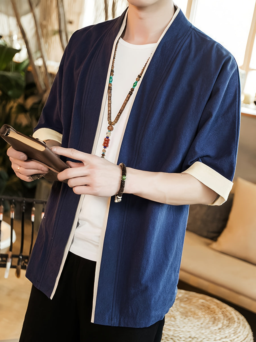 New Chinese Style Open Collar and Mid Sleeve Men's Shirt with Simple One Grain Buckle, Comfortable Linen Breathable Men's T-shirt, Casual Shirt - Royal Blue