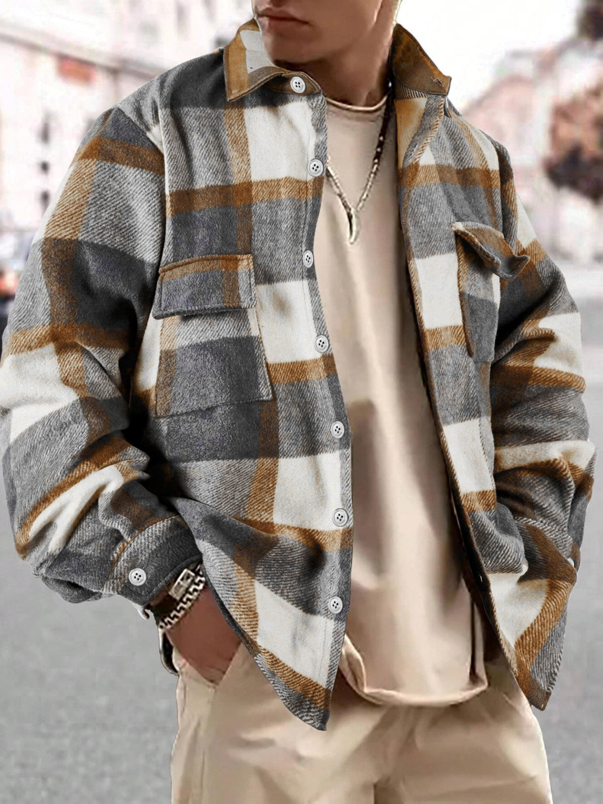 Autumn/Winter Men's Casual Jacket, Vintage Plaid Lapel Long-Sleeve Shirt Top, Button-Up Cardigan Outerwear, Chest Pocket Design, for Outdoor Sports and Daily Wear, Stylish and Versatile Style - Mixed colors