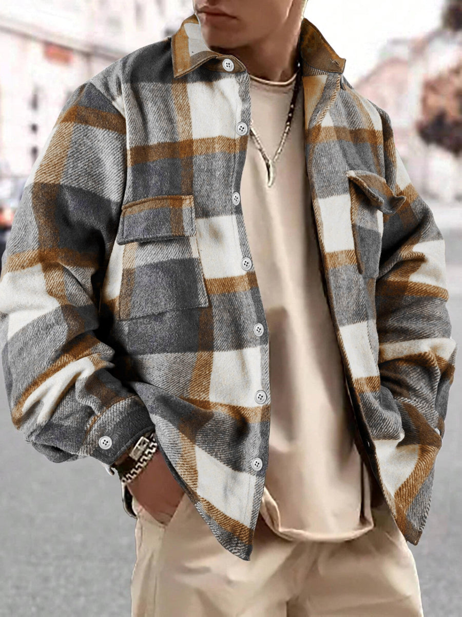 Autumn/Winter Men's Casual Jacket, Vintage Plaid Lapel Long-Sleeve Shirt Top, Button-Up Cardigan Outerwear, Chest Pocket Design, for Outdoor Sports and Daily Wear, Stylish and Versatile Style - Mixed colors