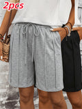 A Set of Two Women'S Spring And Summer Shorts Featuring a Three-Dimensional Striped Design, Comfortable Elastic Waistband, Casual Style with Double Pockets, And Soft Fabric - Light Grey+Black