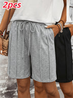 A Set of Two Women'S Spring And Summer Shorts Featuring a Three-Dimensional Striped Design, Comfortable Elastic Waistband, Casual Style with Double Pockets, And Soft Fabric - Light Grey+Black