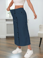 American-style Quick-Dry Women's Multi-Pocket Workwear Skirt with Button Placket, Casual High-Waist Commuter Midi Skirt - Navy Color
