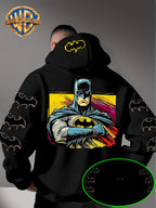 Men'S Hooded Sweatshirt, Batman Classic Image Print, Large Heroic Pattern on Back, Multiple Bat Logos on Sleeves, Exclusive Bat Emblem on Back of Hood, Trendy Street Style Design, Rich Details with Strong Visual Impact - Black