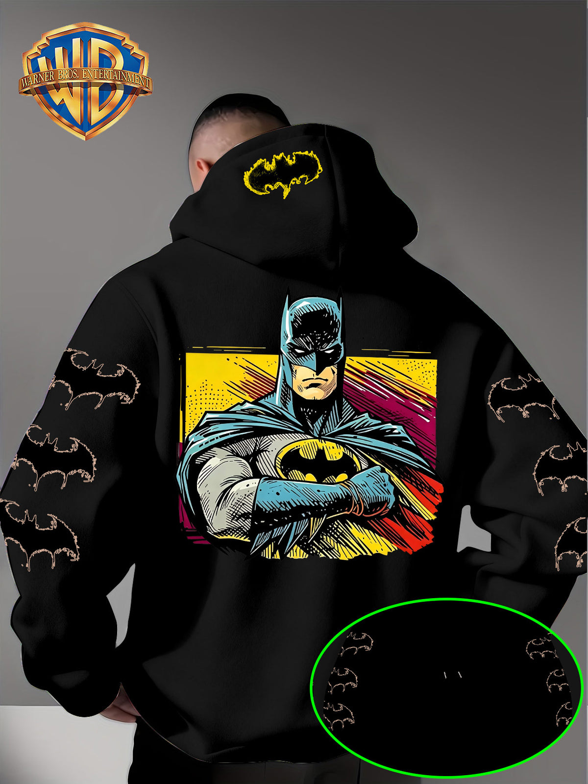 Men'S Hooded Sweatshirt, Batman Classic Image Print, Large Heroic Pattern on Back, Multiple Bat Logos on Sleeves, Exclusive Bat Emblem on Back of Hood, Trendy Street Style Design, Rich Details with Strong Visual Impact - Black