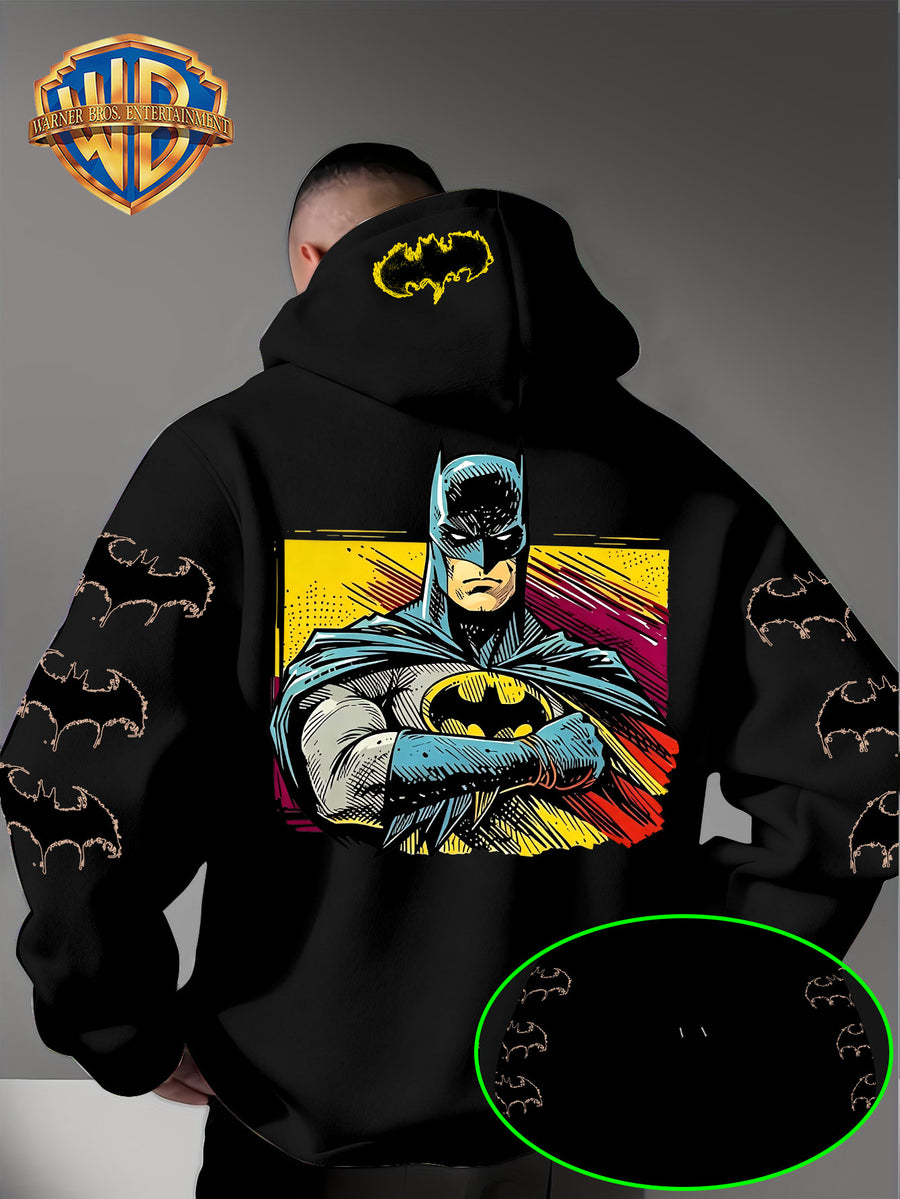 Men'S Hooded Sweatshirt, Batman Classic Image Print, Large Heroic Pattern on Back, Multiple Bat Logos on Sleeves, Exclusive Bat Emblem on Back of Hood, Trendy Street Style Design, Rich Details with Strong Visual Impact - Black