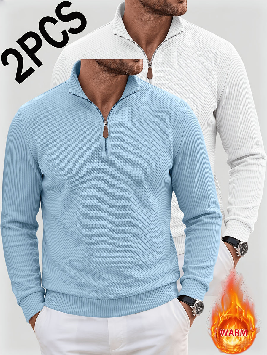 2pcs Men'S Autumn Winter New Corduroy Textured Half-Zip Stand Collar Knit Sweater Set, Light Luxury Long Sleeve Elastic Ribbed Base Layer Business Casual Inner Outerwear; Daily Commute, Home Entertaining, Camping Dating Scenarios - Light Blue+White