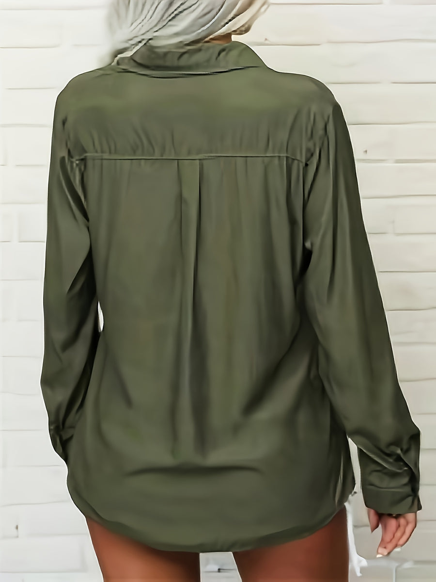 Women'S Double Bag Cover Blanket-Breasted Button Lapel Shirt, Soft Fabric Comfortable Cool Elegant Style Daily Style Casual Style Spring And Summer Style Summer Style - Olive Green