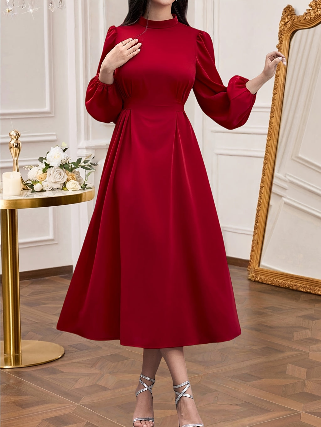 Elegant Party Women's Solid Color Long Sleeve Belted Dress - Red