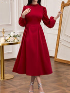 Elegant Party Women's Solid Color Long Sleeve Belted Dress - Red