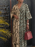 Women'S Zebra Print Contrast V-Neck Long Sleeve Dress - Spring New Loose Casual Vacation Style Maxi Dress - Green