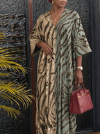 Women'S Zebra Print Contrast V-Neck Long Sleeve Dress - Spring New Loose Casual Vacation Style Maxi Dress - Green