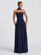 Elegant Sexy Bandeau Slit Ruffled Evening Dress Party Dress - Navy Color