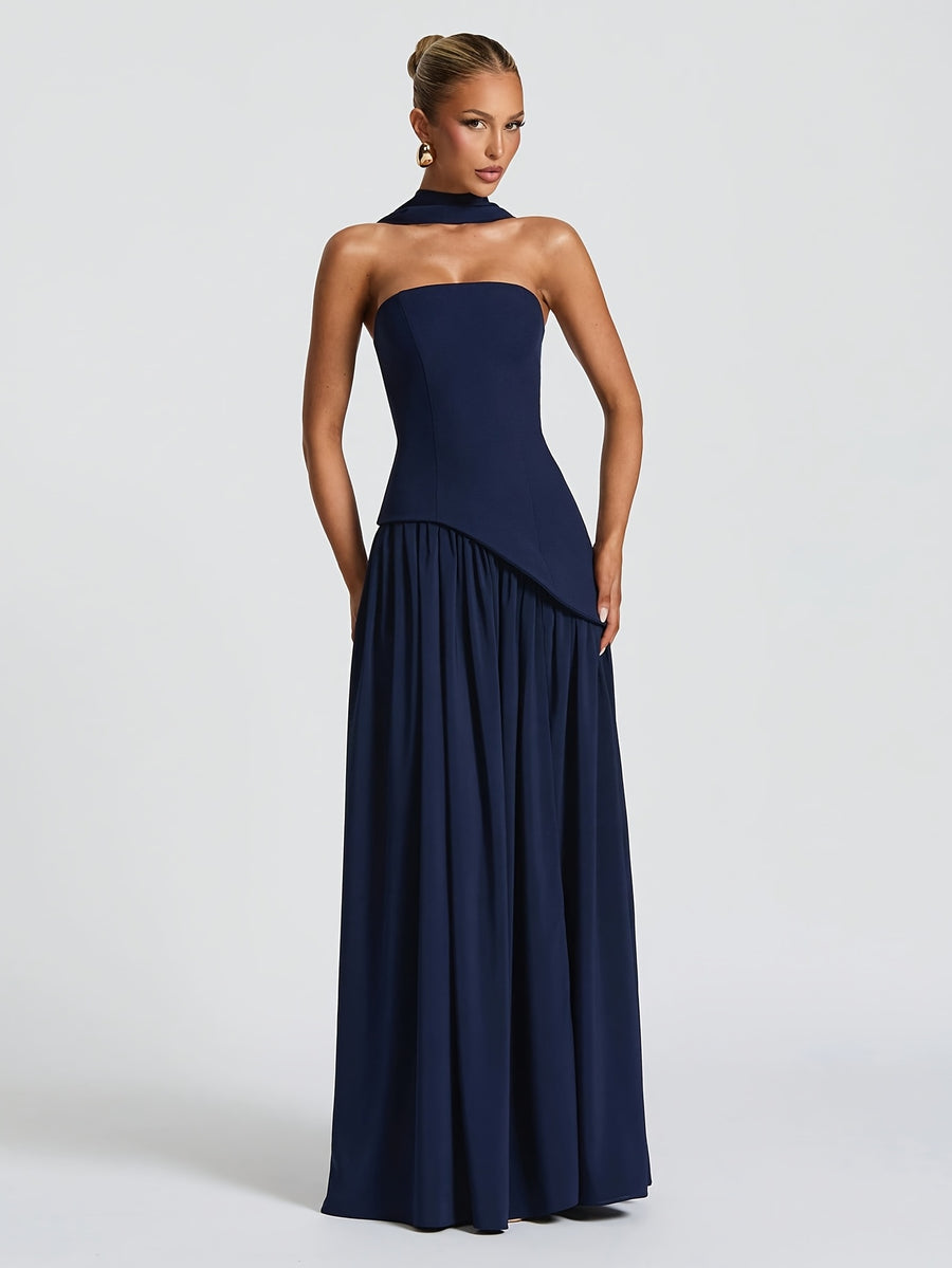 Elegant Sexy Bandeau Slit Ruffled Evening Dress Party Dress - Navy Color
