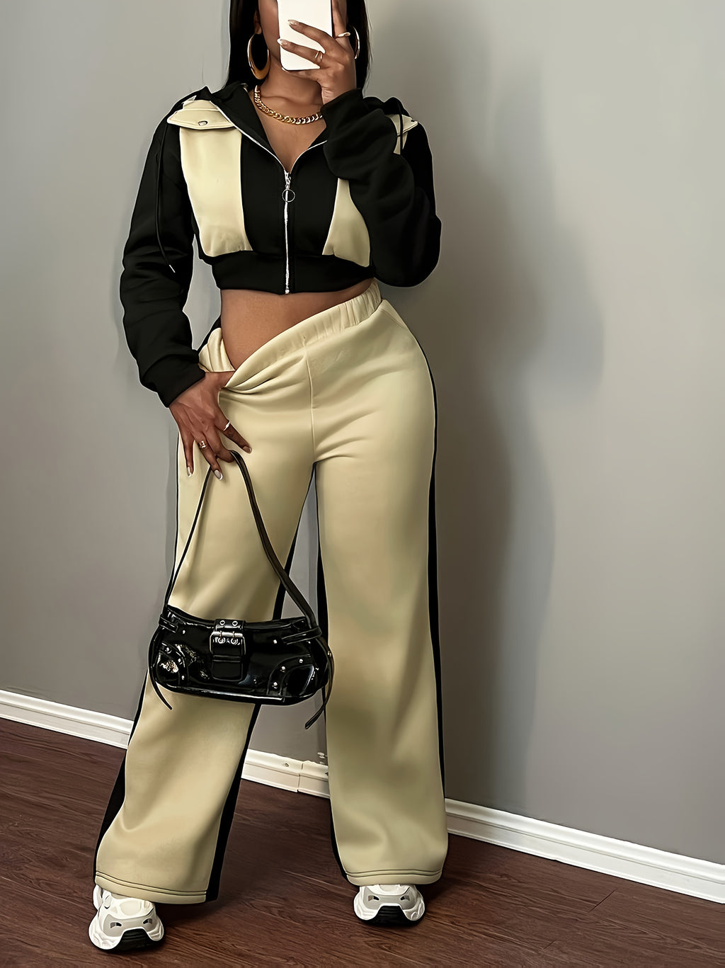 Autumn-Winter Fashion Color Block Hooded Sweatshirt and Pants Set - Black With Apricot Yellow