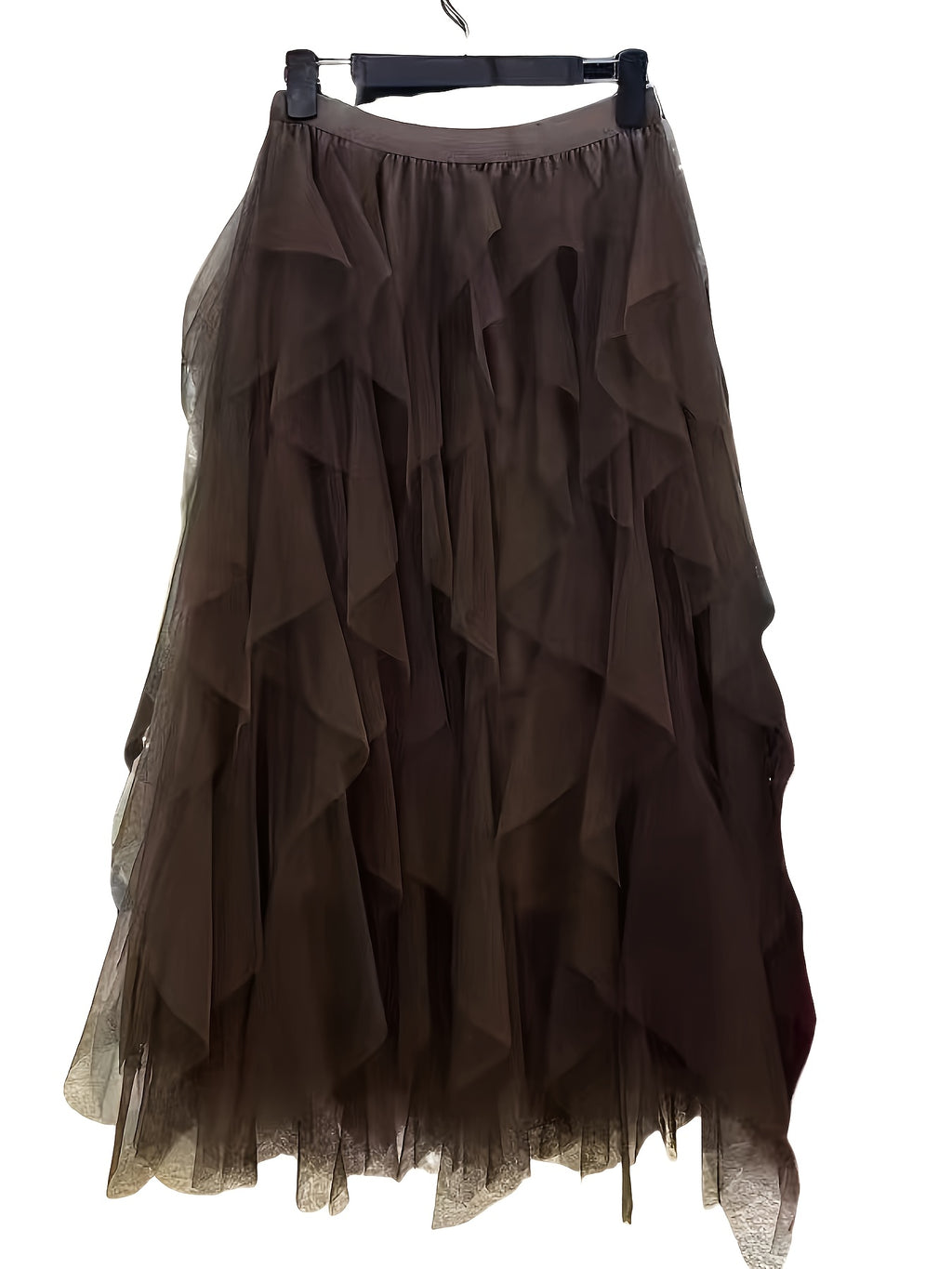 Chic Elegance, Elegant High-Waist A-Line Tulle Skirt for Women - Chic Korean-Style Spring Collection, Sheer Brown Polyester with Delicate Mesh Layers, Perfect for Summer Skirt - Coffee Brown