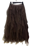 Chic Elegance, Elegant High-Waist A-Line Tulle Skirt for Women - Chic Korean-Style Spring Collection, Sheer Brown Polyester with Delicate Mesh Layers, Perfect for Summer Skirt - Coffee Brown