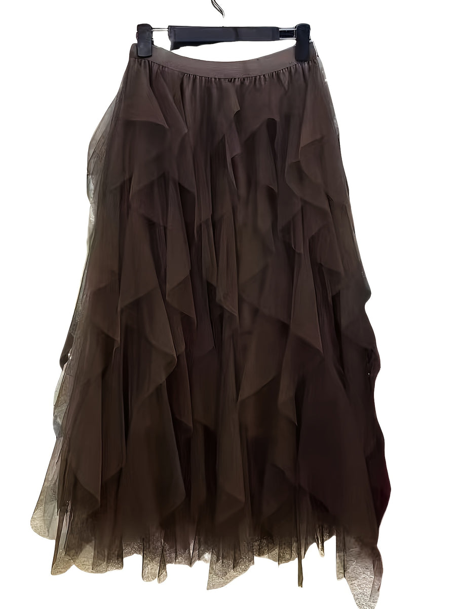 Chic Elegance, Elegant High-Waist A-Line Tulle Skirt for Women - Chic Korean-Style Spring Collection, Sheer Brown Polyester with Delicate Mesh Layers, Perfect for Summer Skirt - Coffee Brown