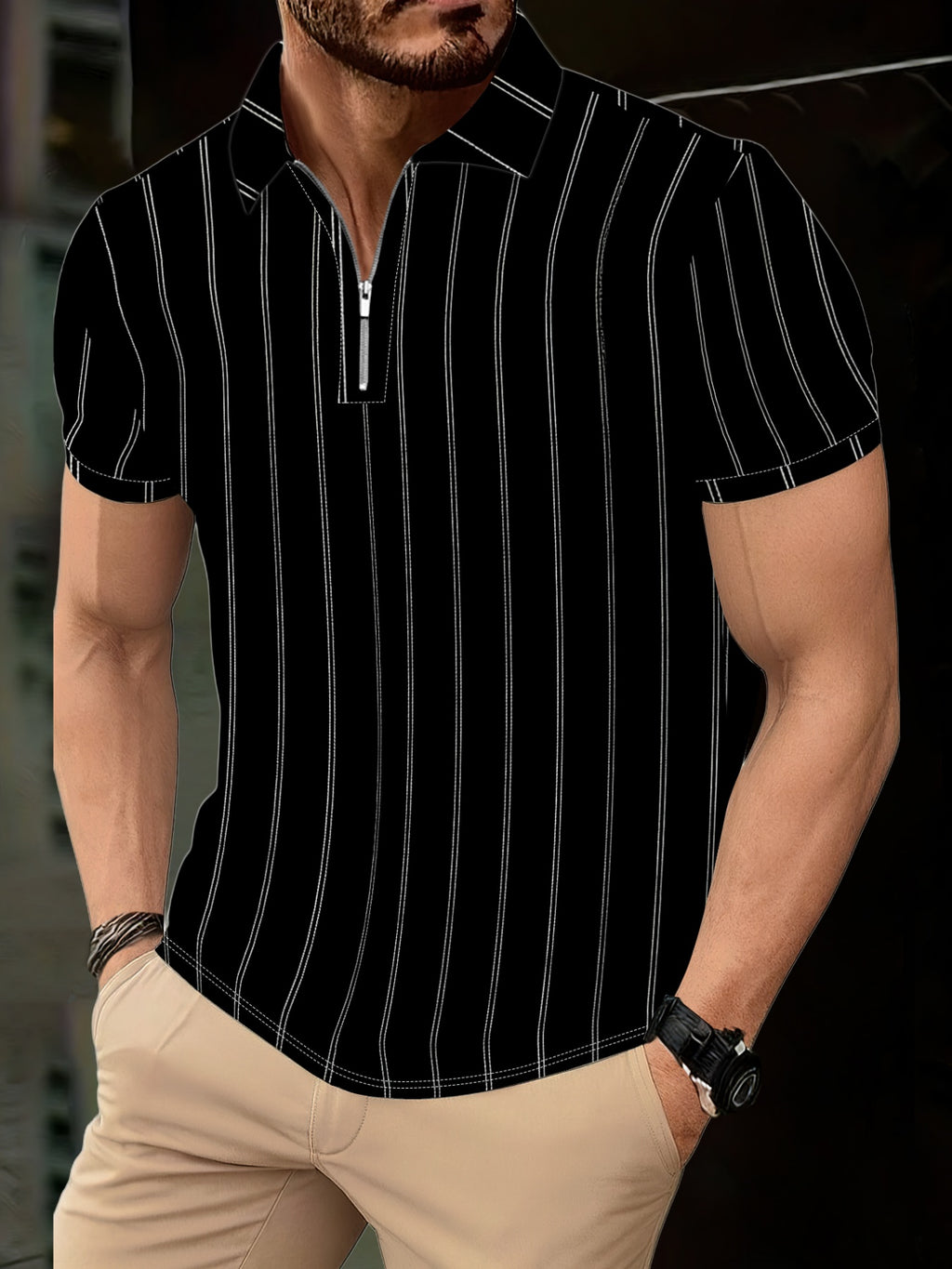 Men'S Fashion Zip Collar Polo Shirt Summer Short Sleeve Business Casual Striped Top Trendy Slim Fit Versatile T-Shirt - Mixed colors