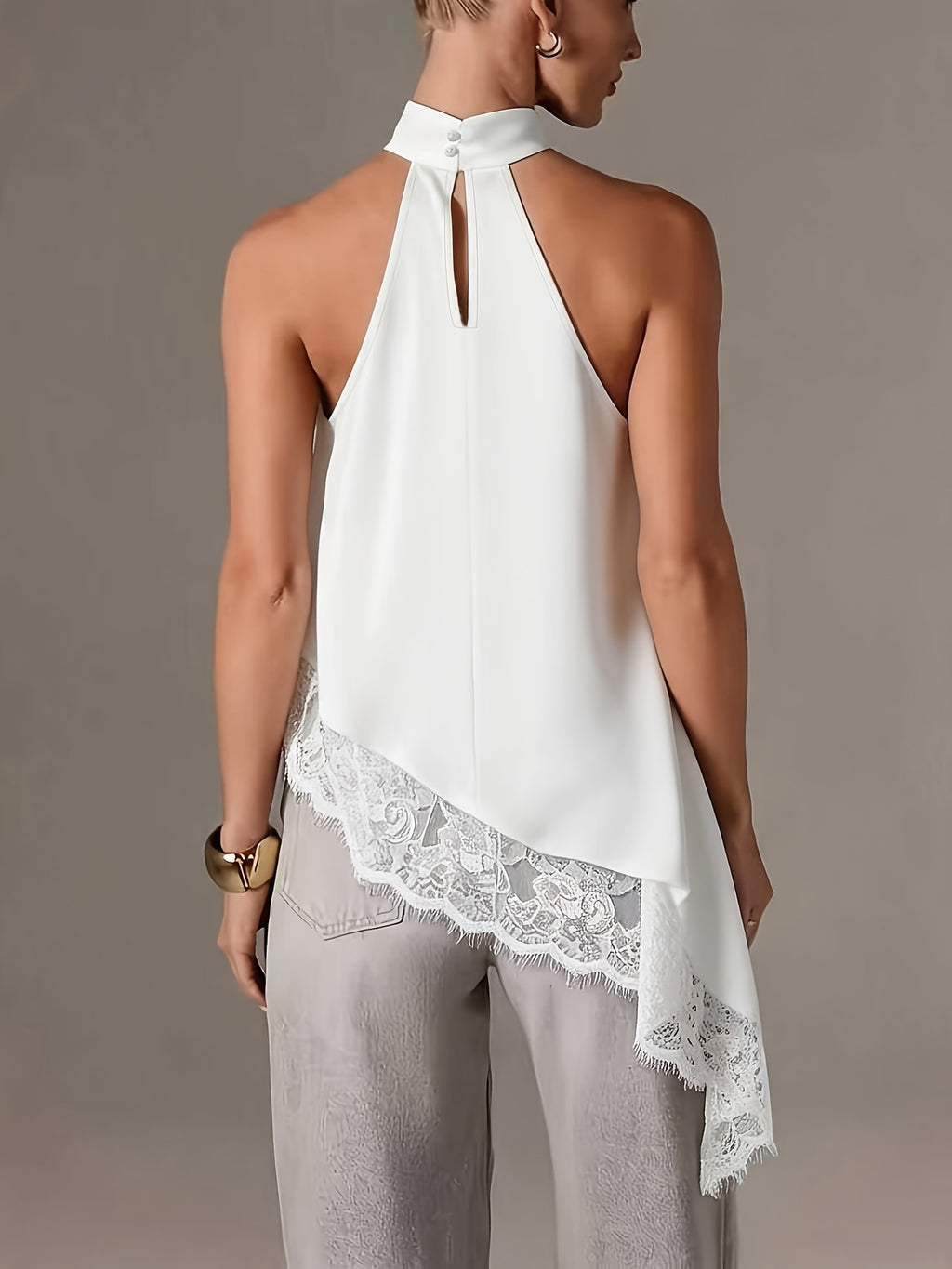 Directional Style Irregular Patchwork Lace Neckline Halter Elegant Temperament Top Halter Vest - White