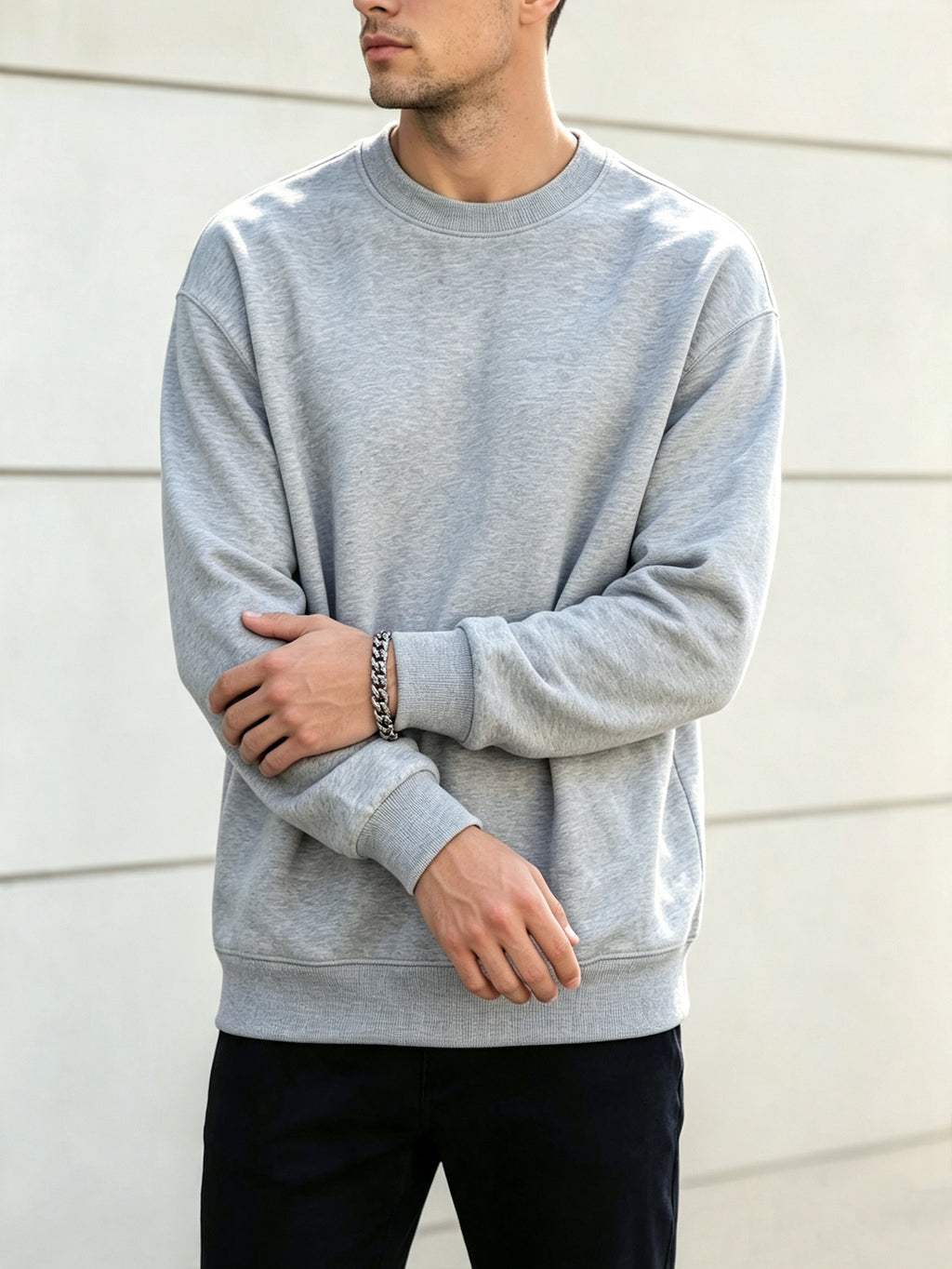 2pcs Men'S Spring Autumn Fashion Round Neck Sweatshirts - Knit Long Sleeve, Blend with Slight Stretch, Ideal for Studio And Outdoor Casual Running, True Color Pullover, Perfect Gift - White+gray