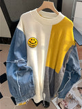 New European and American Autumn/Winter Style: Relaxed Fit Color-Block Denim Patchwork Pullover Cardigan - White
