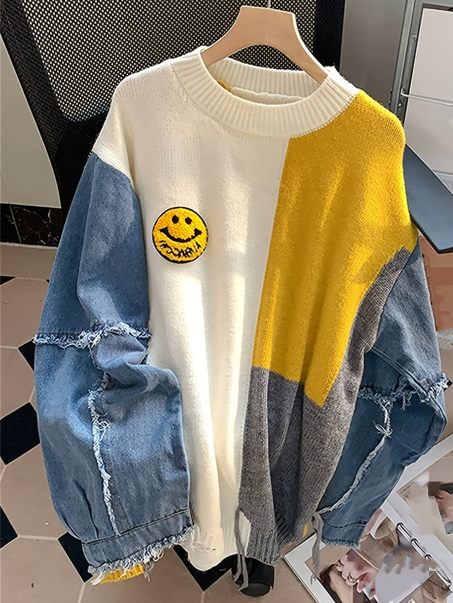 New European and American Autumn/Winter Style: Relaxed Fit Color-Block Denim Patchwork Pullover Cardigan - White