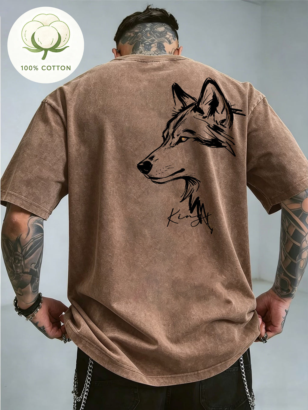 Men'S 100% Washed, Wolf King Print Pattern Retro Round Neck T-Shirt, Casual All-Match Loose Summer Short Sleeve T-Shirt, Daily Wear - Coffee Color