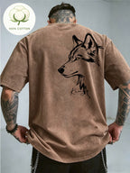 Men'S 100% Washed, Wolf King Print Pattern Retro Round Neck T-Shirt, Casual All-Match Loose Summer Short Sleeve T-Shirt, Daily Wear - Coffee Color