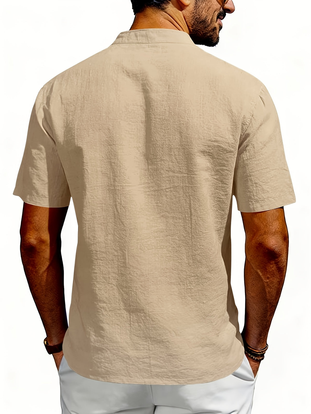 Men's Outdoor Travel Business Simple and Stylish Solid Color V-Neck Half-Open Placket Summer Breathable Comfortable Casual Short-Sleeve Henley Collar T-Shirt - Khaki