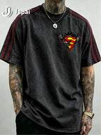 Official Warner Bros. Product, Hip-hop High Street DC Superman Batman Logo Print Stripe T-shirt, Loose Drop-shoulder Style Casual Summer Top, Machine Washable, Suitable for Daily Wear and Themed Events - Black