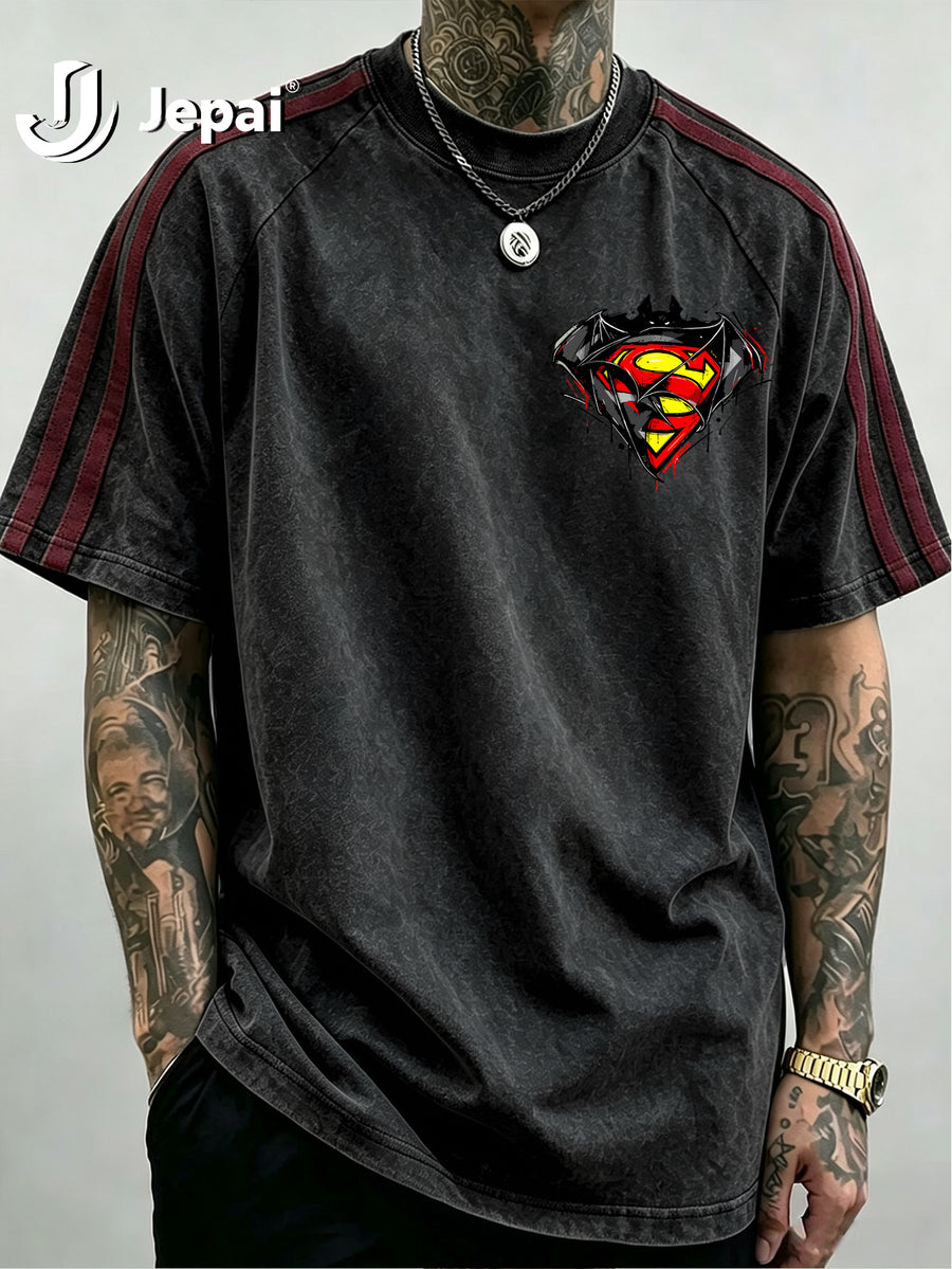 Official Warner Bros. Product, Hip-hop High Street DC Superman Batman Logo Print Stripe T-shirt, Loose Drop-shoulder Style Casual Summer Top, Machine Washable, Suitable for Daily Wear and Themed Events - Black