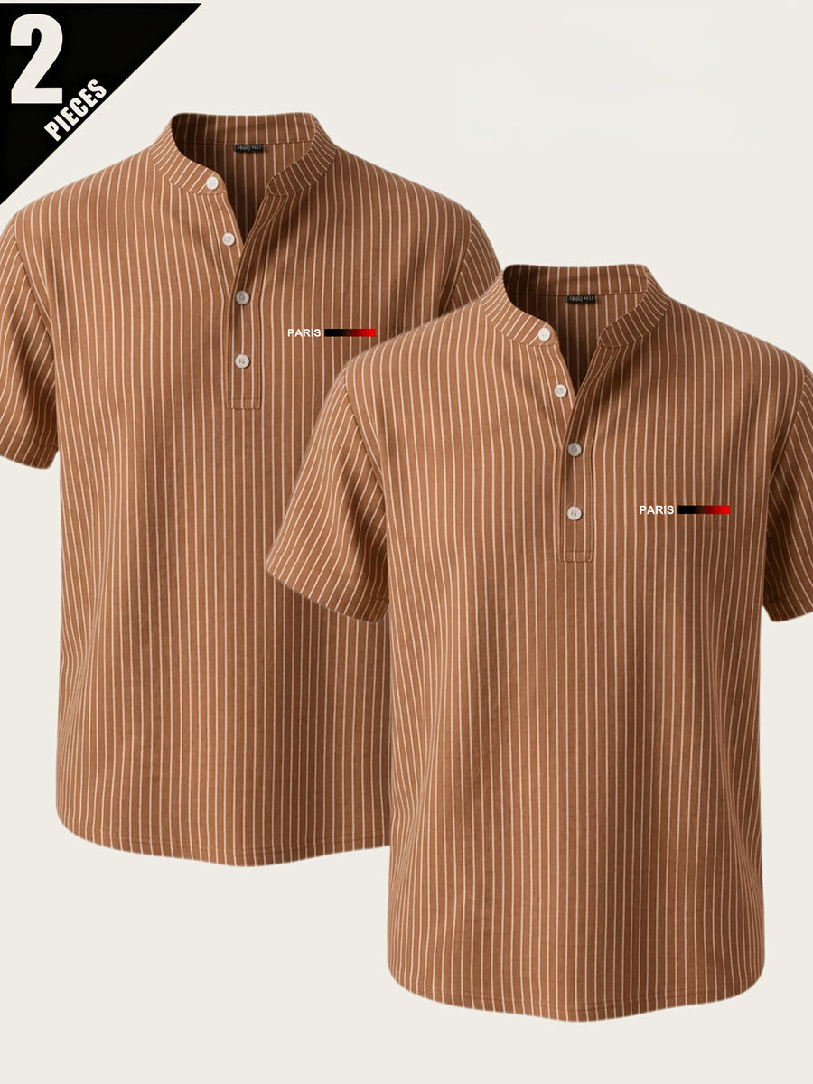 2pcs Men'S Striped Henley Shirt Set, PARIS Chest Print Short Sleeve Shirt, Lightweight Breathable Regular Fit, Suitable for Casual Wear, Travel, And Layering - Brown + Brown
