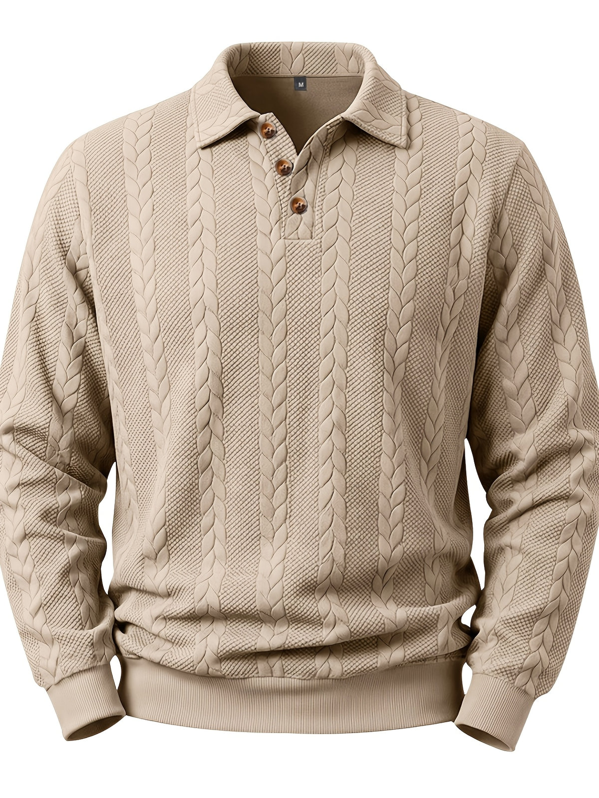 New Men'S Retro Jacquard Lapel Knit Polo Sweater Autumn Business Casual Long Sleeve Sweater Loose All-Match Solid Color Pullover Top - Khaki