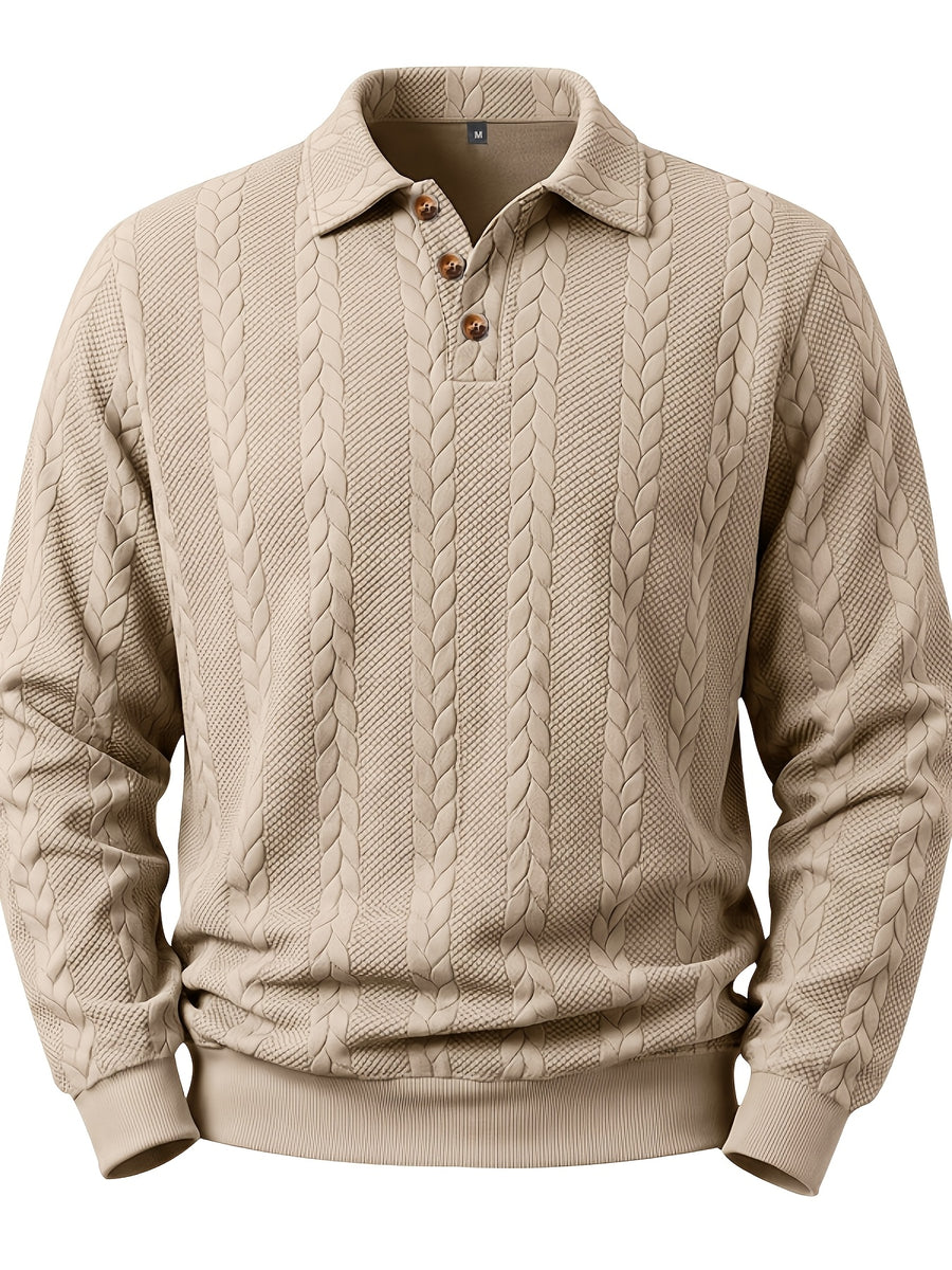 New Men'S Retro Jacquard Lapel Knit Polo Sweater Autumn Business Casual Long Sleeve Sweater Loose All-Match Solid Color Pullover Top - Khaki