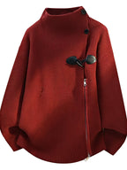 Halloween, Christmas, Thanksgiving, Pre-heat Single-pc Youth Men's Acrylic Knit Cardigan with Irregular Diagonal Zipper, Available in Red, Gray, and Black, Vintage Solid Color Stand-Up Collar Loose Fit Thickened Sweater Coat, Two Collar Style - Red
