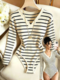 Women'S Tight Top, Striped V-Neck Fitted Top with Waist Ruching Design, Temperament Elegant Style Long Sleeve Base Layer, ASD1 - Stripe