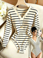 Women'S Tight Top, Striped V-Neck Fitted Top with Waist Ruching Design, Temperament Elegant Style Long Sleeve Base Layer, ASD1 - Stripe
