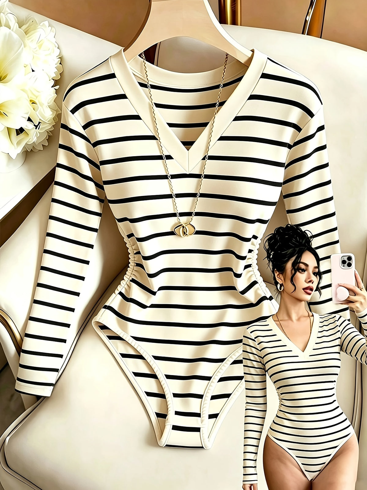 Women'S Tight Top, Striped V-Neck Fitted Top with Waist Ruching Design, Temperament Elegant Style Long Sleeve Base Layer, ASD1 - Stripe