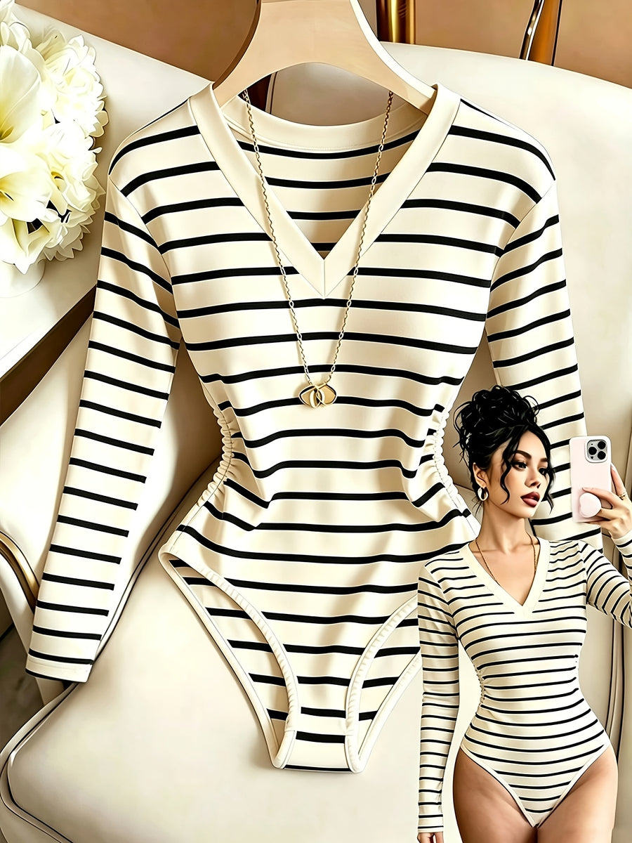 Women'S Tight Top, Striped V-Neck Fitted Top with Waist Ruching Design, Temperament Elegant Style Long Sleeve Base Layer, ASD1 - Stripe