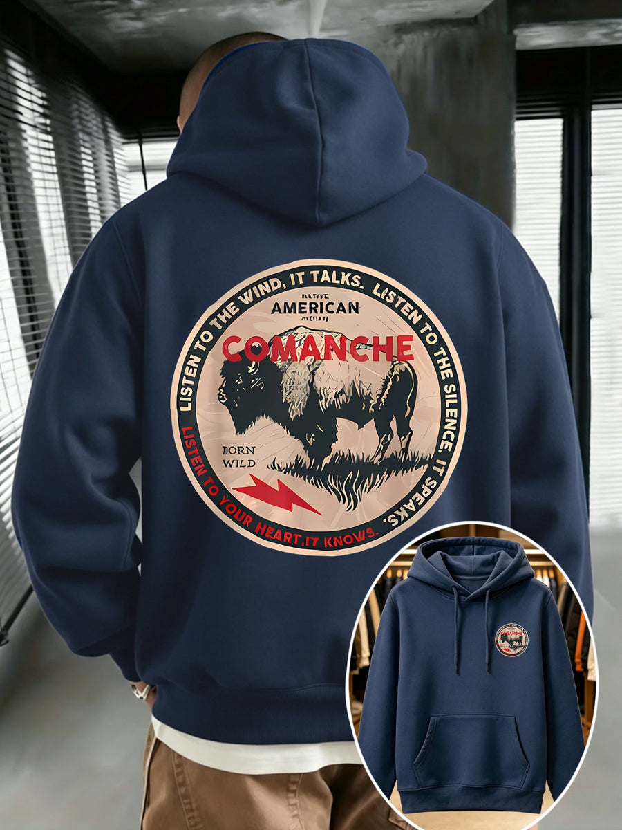 COMANCHE Local American Tribal Round Patchwork: Comanche Tribe Retro Round Badge, Western Niche, Retro Trendy Men'S Sports Hoodie - Regular Fit - Front Kangaroo Pocket, Machine Washable, High-Quality Fabric Suitable for Casual And Sports Wear - Navy Color
