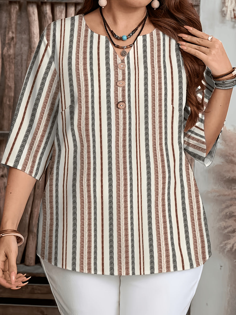 Women's Elegant Striped Print Shirt with Three-Button V-Neck Pullover, Spring/Summer Casual Loose Blouse Top - Apricot