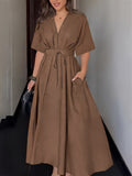 Summer New Style Women's Clothing Dress and Pants with V-neck Short Sleeves and Belt. Sexy and Elegant Style, Suitable for Fashionable Daily and Casual Wear. - Dark Brown